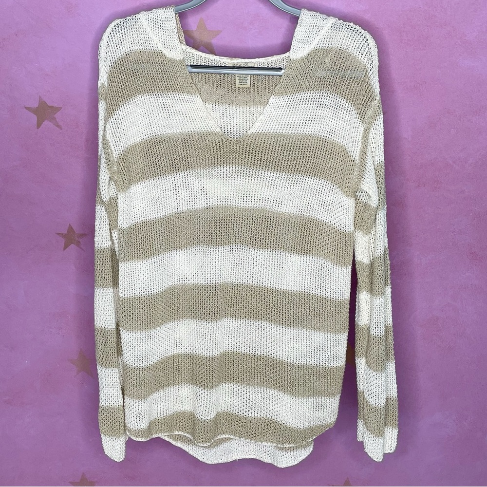 Lucky Brand Striped Long Sleeve Linen Blend Fisherman Knit Hooded Sweater Medium